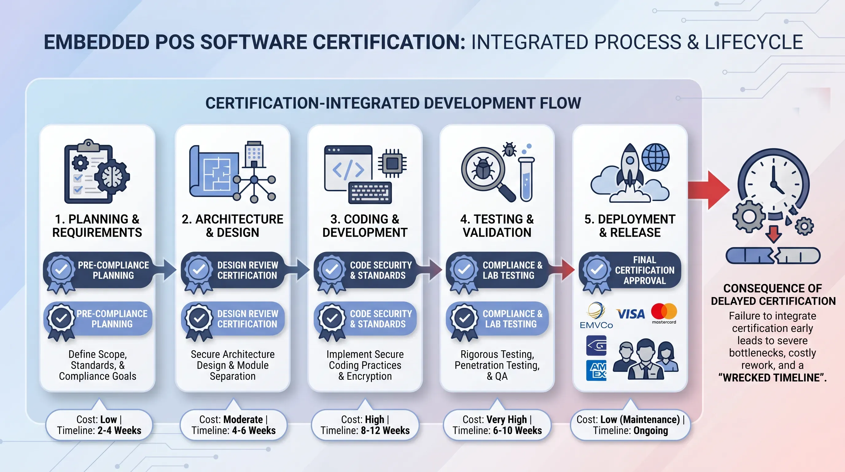 Modern infographic illustrating the certification process in embedded POS software development with flow diagrams and icons for each phase.